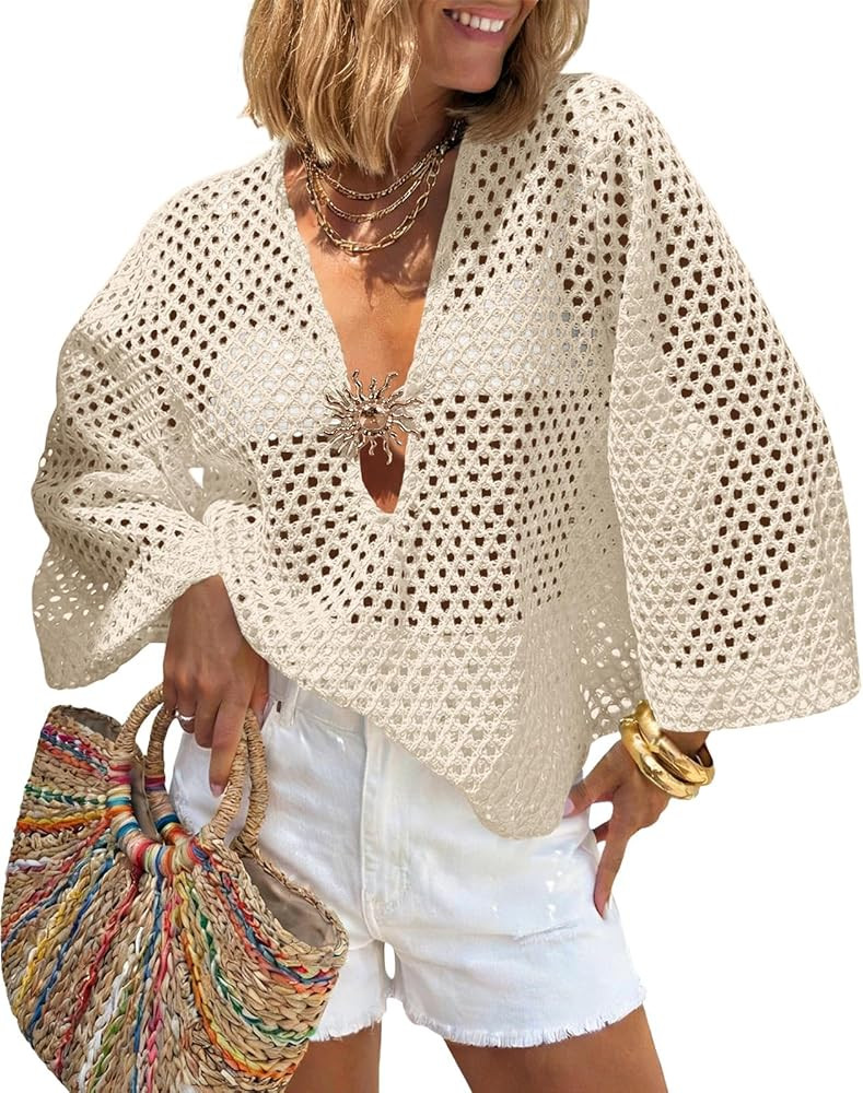 Saodimallsu Womens Crochet Beach Cover Up Top Summer 3/4 Sleeve Boho Oversized Mesh Knit V Neck S... | Amazon (US)