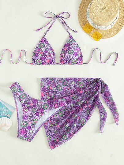 3pack Allover Floral Print Triangle Halter Bikini Swimsuit | SHEIN
