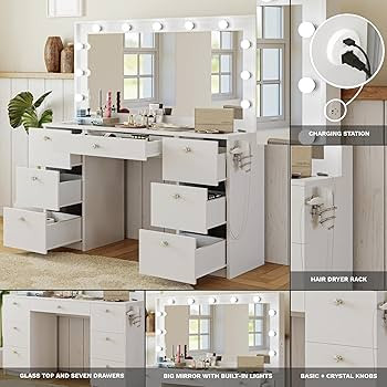 Boahaus Yara - Glass Top Large Vanity Desk w/Hollywood Mirror Lights, 7 Drawers, Crystal Knobs, U... | Amazon (US)