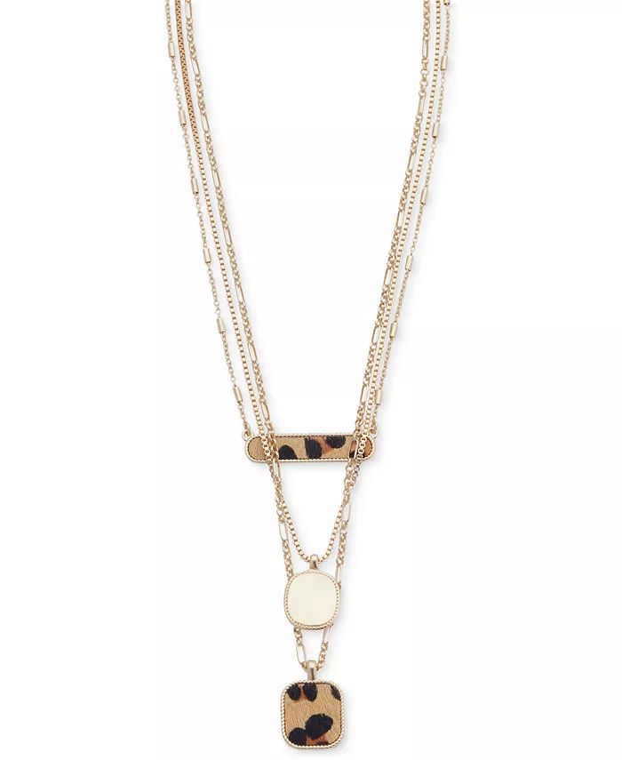 Gold-Tone Cheetah Print Calf-Hair Layered Pendant Necklace, 17" + 2" extender | Macy's