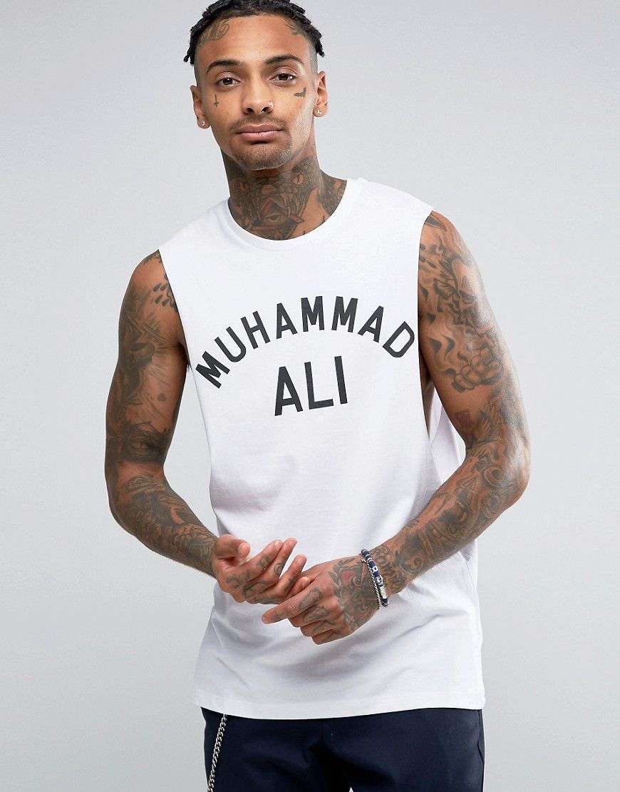 ASOS Muhammed Ali Sleeveless T-Shirt With Dropped Armhole In White - Black | ASOS US