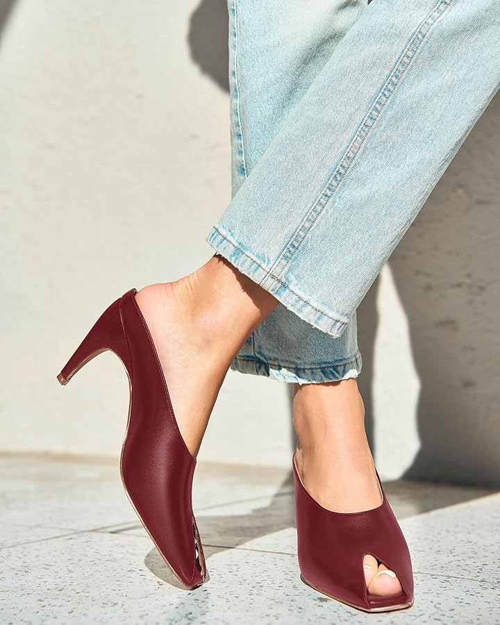 Coutgo Womens Kitten Heels Mules Open Peep Toe Slide Sandals Slip On Summer Dress Shoes | Amazon (UK)