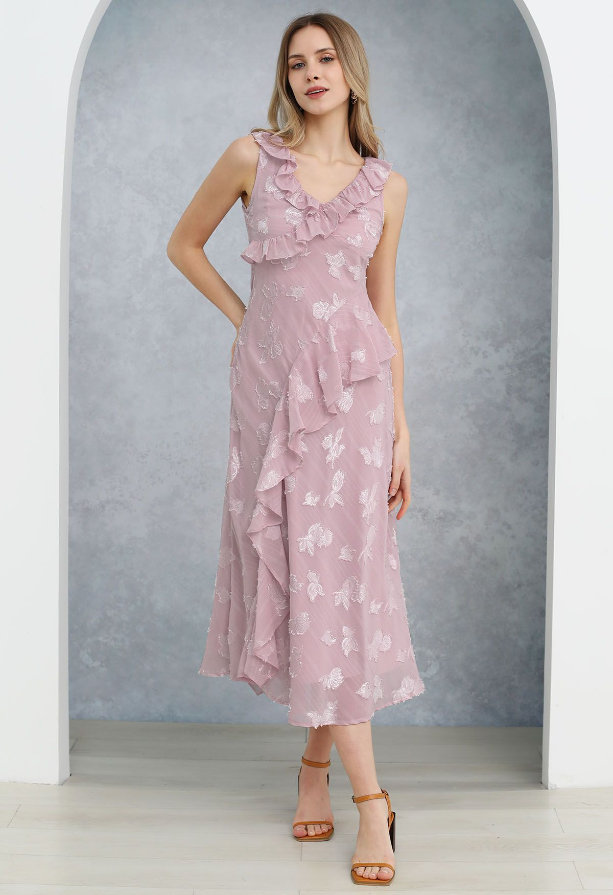 Burnout Rose Ruffle Edge V-Neck Midi Dress in Pink | Chicwish