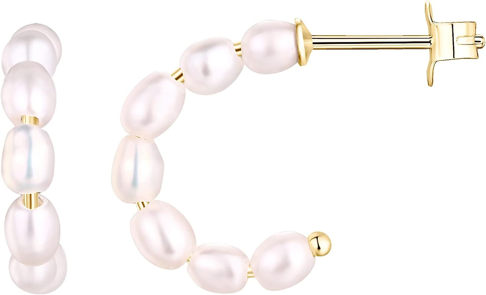 PAVOI 14K Gold Plated 925 Sterling Silver Post Pearl Hoop Earrings | Fresh Water Pearl Lightweight H | Amazon (US)