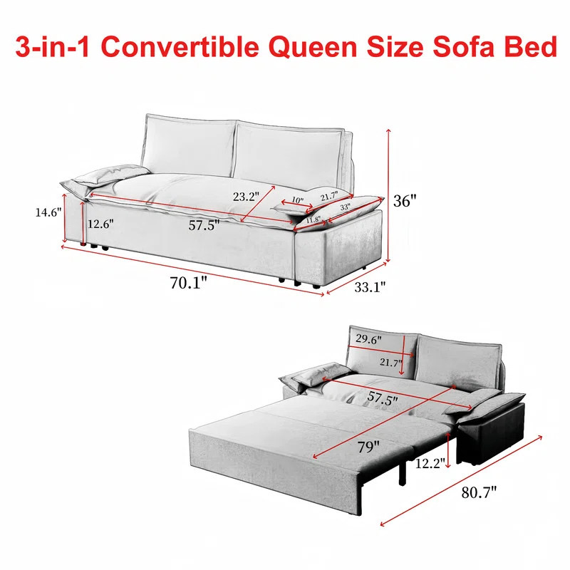 70.1"Wide Queen Pull Out Sofa Bed 3-in-1 Convertible Multi-Functional Couch with 2 Soft Pillows a... | Wayfair North America