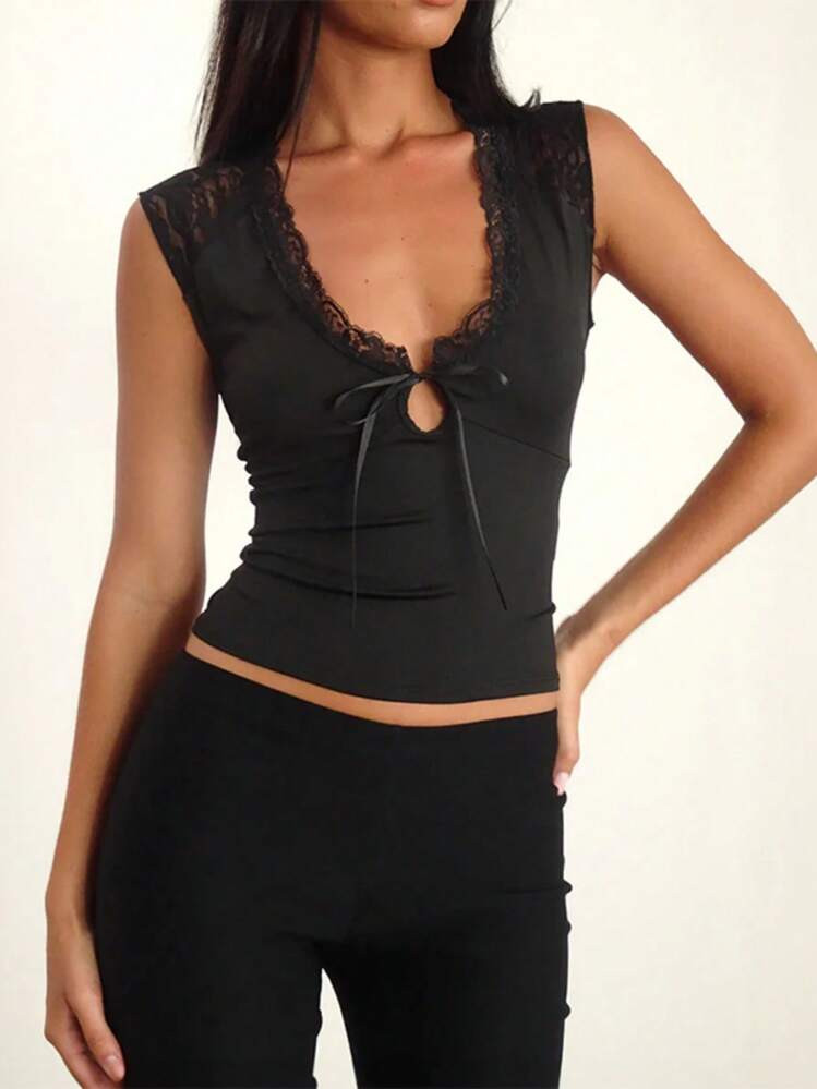 Lace Patchwork Hollow Out Cami Top, Plain Color Minimalist Fashion Casual Everyday Wear | SHEIN