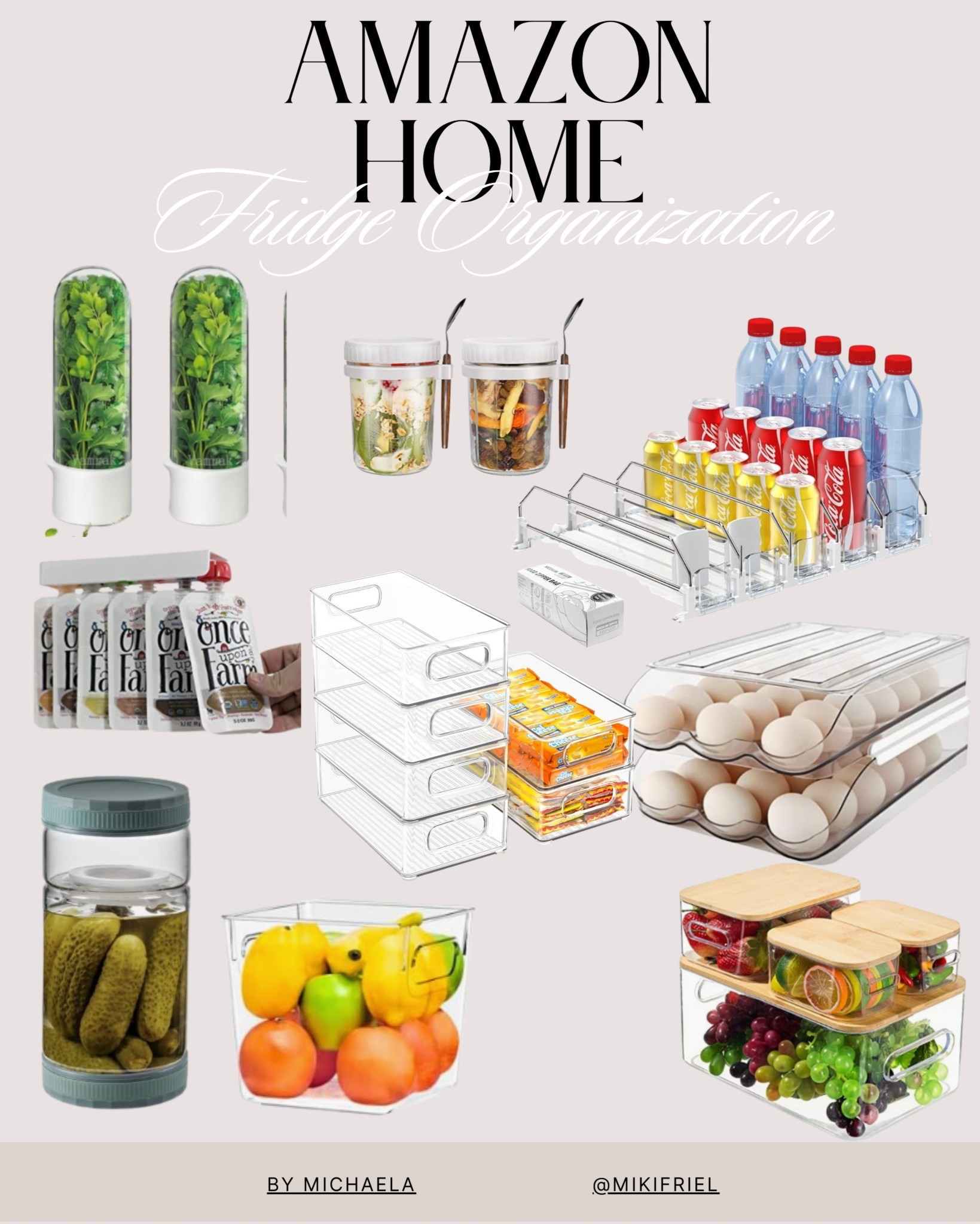 Fridge organization. Stackable bins. Egg holder. Food pouch organizer. Storage bins. Overnight oats jars. Pickle jar. Drink dispenser. 

#LTKFindsUnder100 #LTKHome #LTKFindsUnder50