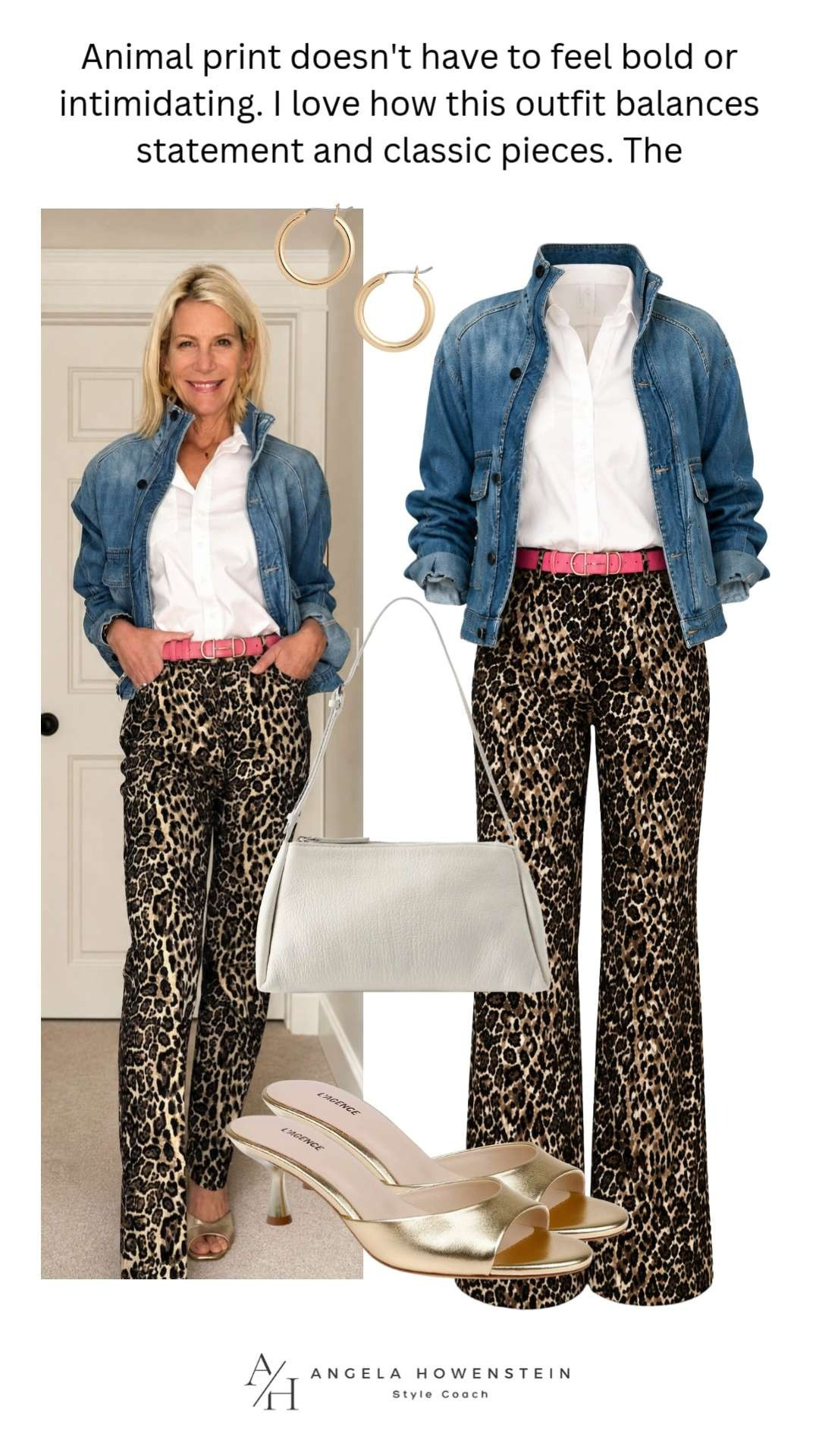 These leopard print pants are the statement piece your closet needs. Styled with a crisp white button-down, denim jacket, and a pop of pink, this look feels polished, playful, and surprisingly easy to wear.

💡 LTK MADE EASY

❤️ Heart = Support my posts
🔖 Save = Get sale & restock alerts
📋 Lists = Keep favorites organized
📲 Share = Send to yourself for later
💬 Comment = Ask me anything 

 #LTKootd #LTKSeasonal #LTKOver40