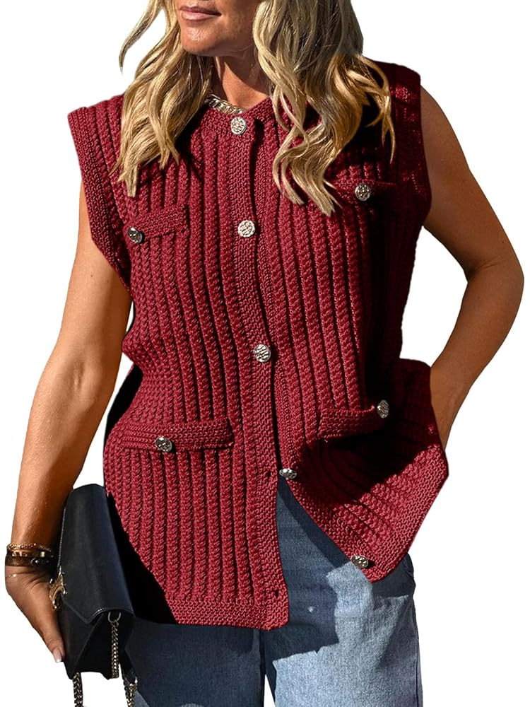 Saodimallsu Womens Sleeveless Sweater Vest Button Up Cable Knit Crew Neck Trendy Casual Loose Sum... | Amazon (US)