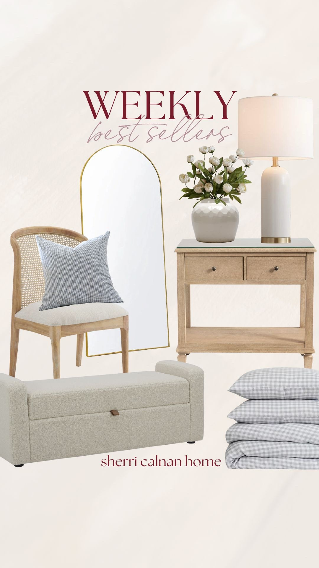 Weekly best selling home favorites featuring neutral accent chair, gingham bedding, wood console table, decorative lamp, arched mirror, and layered soft textiles for a timeless look.

Weekly best sellers home decor, neutral accent chair, gingham bedding set, wood console table styling, decorative table lamp, arched floor mirror, textured storage bench, classic home decor finds, affordable designer look, sherricalnanhome

#LTKHome