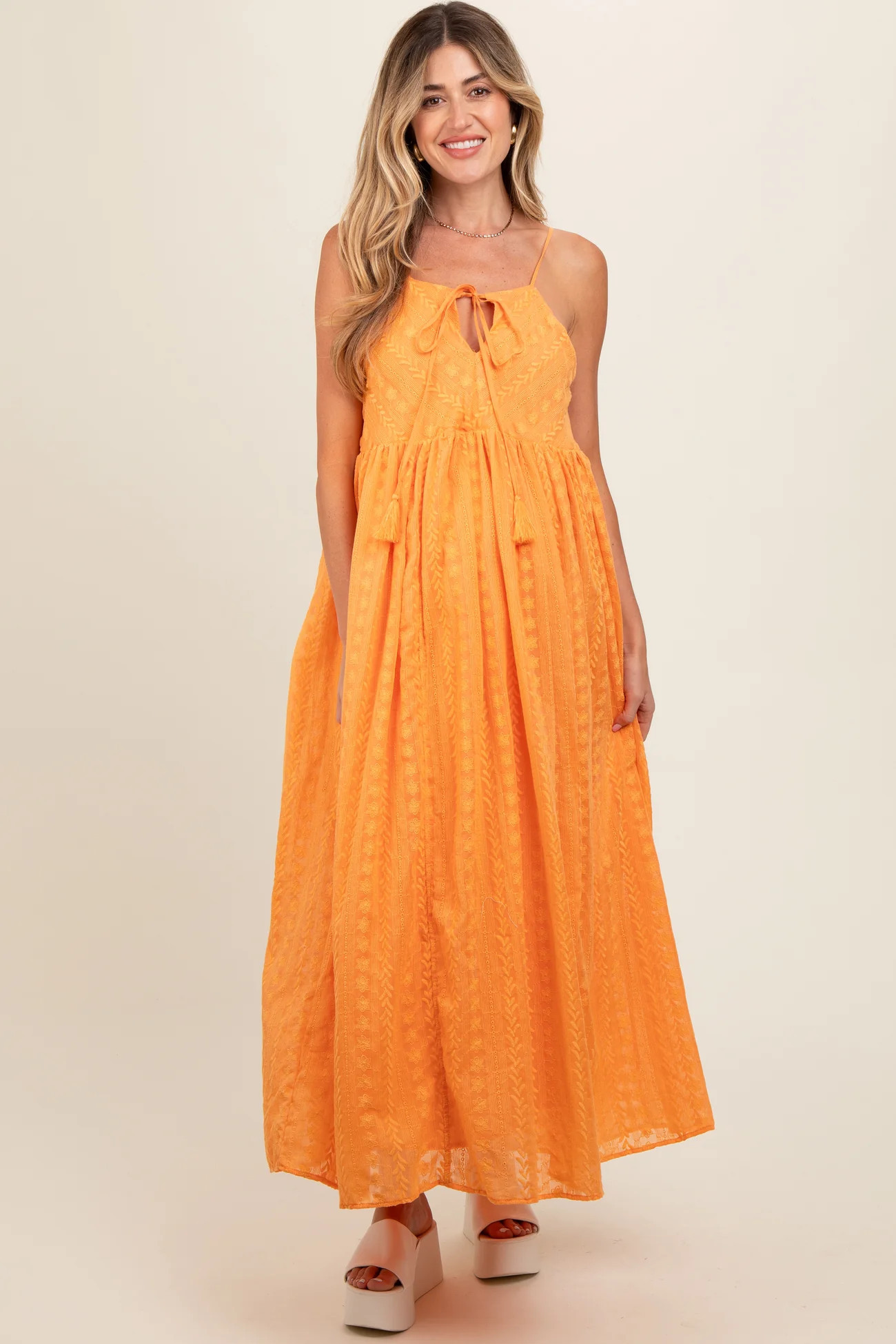 Orange Embroidered Tassel Tie Maternity Maxi Dress | PinkBlush Maternity