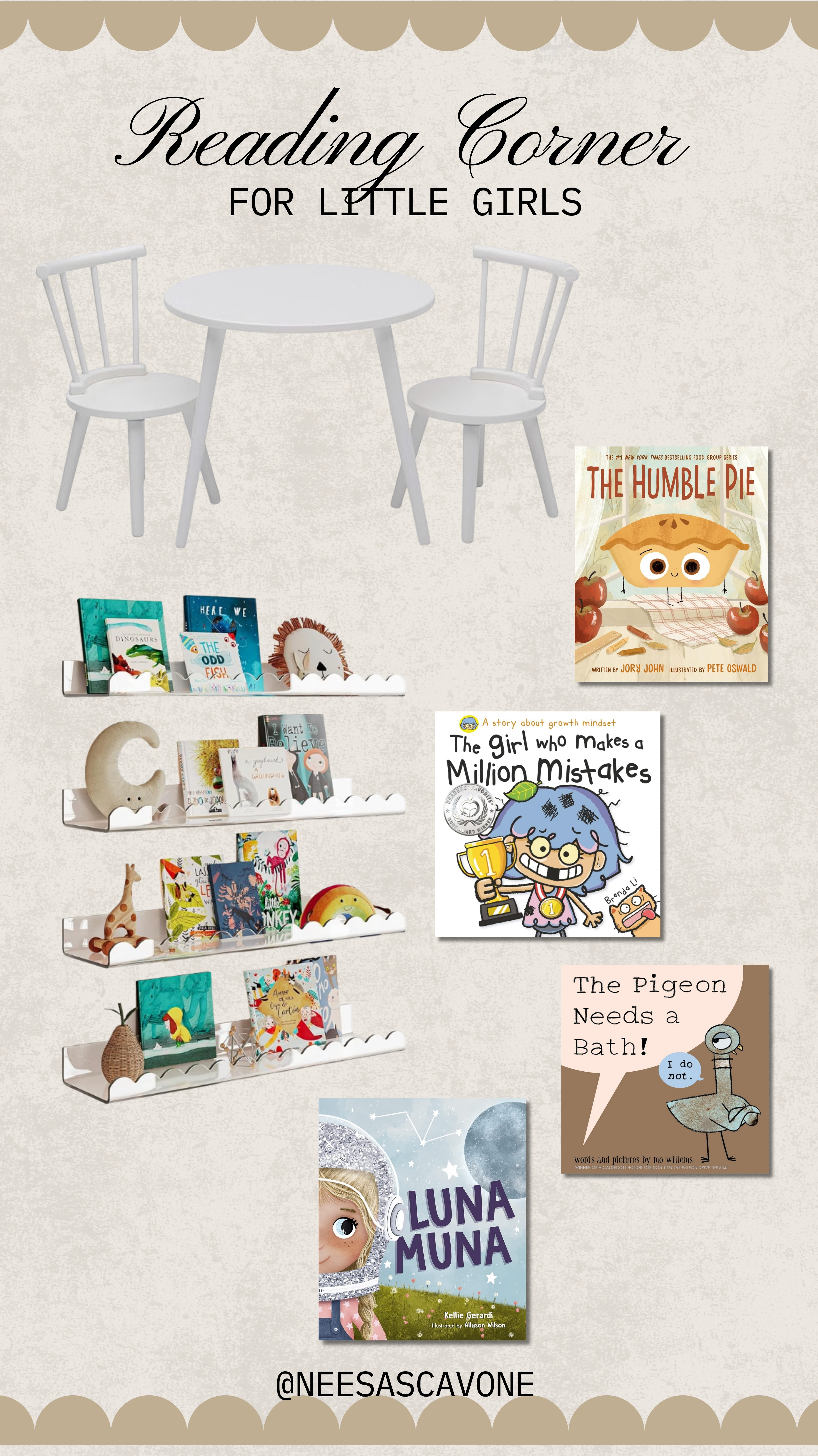 A cozy little reading corner made just for little girls 🤍
From the child-sized table and chairs to the wall-mounted book shelves, this space encourages independent play, early reading habits, and quiet moments. I love creating intentional corners that grow with my girls while still feeling neutral, timeless, and calm.
#readingcorner #kidsreadingnook #toddlerreadingcorner #kidsbooknook #playroomdecor #kidsroominspo #littlelibrary #montessoriplayroom #montessorihome #neutralplayroom #kidsroomdecor #girlroomdecor #readingtime #childrensbooks #kidsbooks #homeschoolinspo #intentionalhome #cozycorner #stayathomemomlife #ltkhome #ltkfamily #ltkunder100 #ltkfinds 

 #LTKstorytime #LTKHome #LTKKids