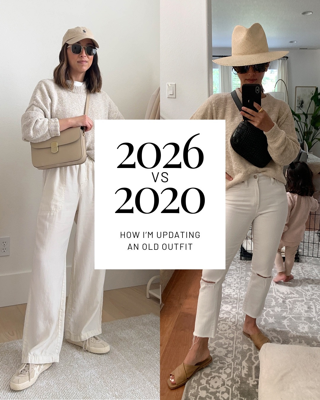 2020 vs 2026. Relaxed silhouettes, longer lines, and comfortable pieces instantly make outfits feel more current and polished. Small styling shifts really do change everything.

Outfit details:
Jenni Kayne sweater xs - old, linked similar. 
Splendid Angie Crop pants xs
Everlane tee medium
Onitsuka Tiger sneakers 4 mens
Sezane Milo bag - color is old, linked similar.
Le Specs Sunglasses 
Polo Ralph Lauren hat

#LTKootd #LTKPetite #LTKmomlife