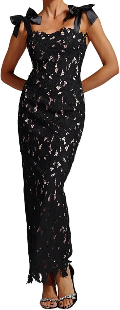 BELLA BARNETT Bowknot Spaghetti Strap Bodycon Hollow Out Lace Dress Maxi Graceful Party Cocktail ... | Amazon (US)