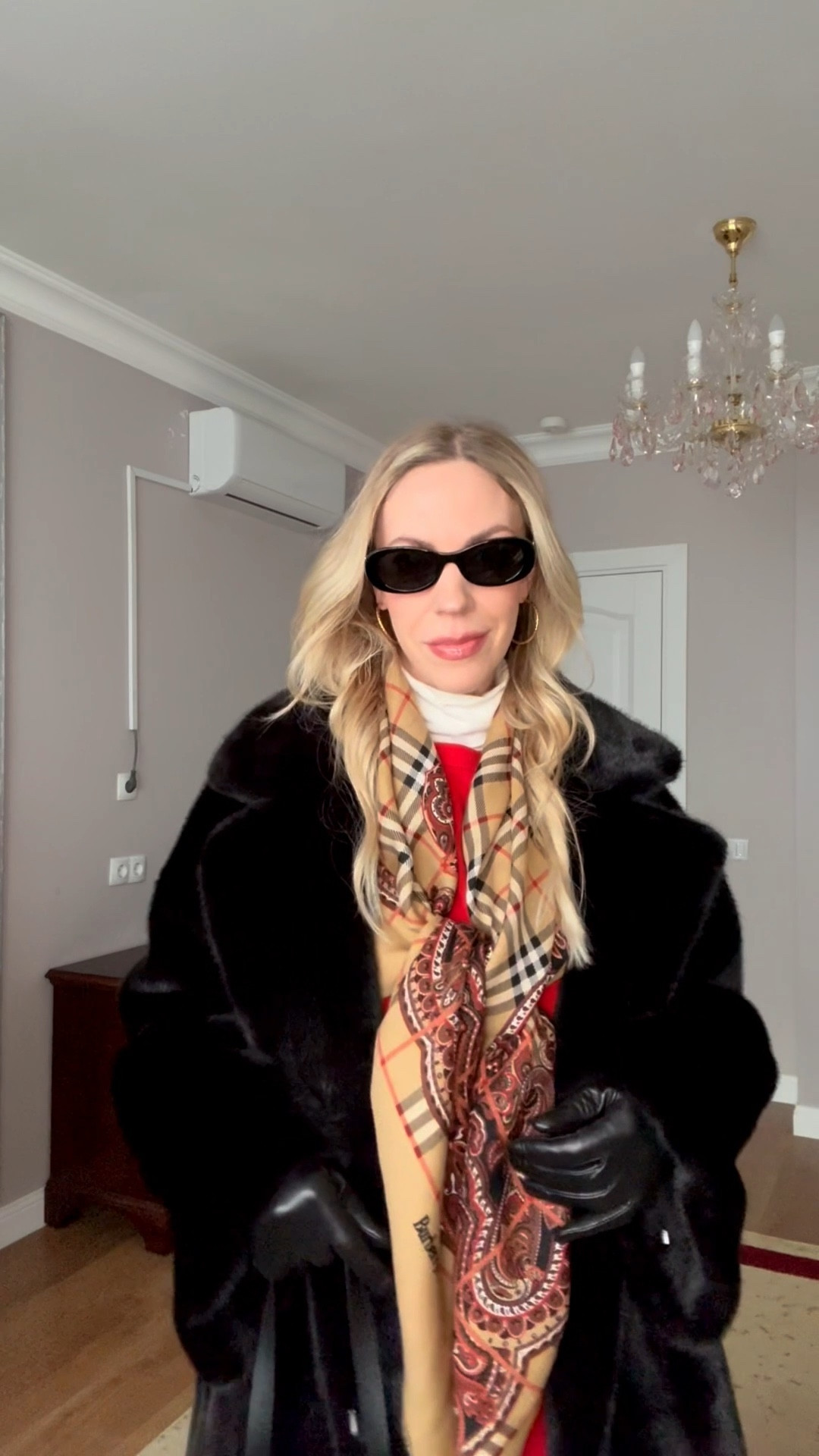 Holiday outfit, black faux fur coat, vintage Burberry scarf, red sweater, velvet flare leggings, style over 40

#LTKootd #LTKHoliday #LTKOver40