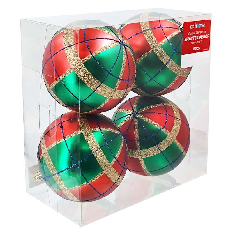 Classic Christmas 4-Count Red, Green, & Gold Plaid Ornaments, 7.8" | At Home