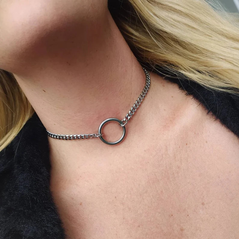 O Ring Choker Necklace, Womens Choker, Large Silver O Ring, Silver Circle Necklace, Curb Chain, G... | Etsy (US)