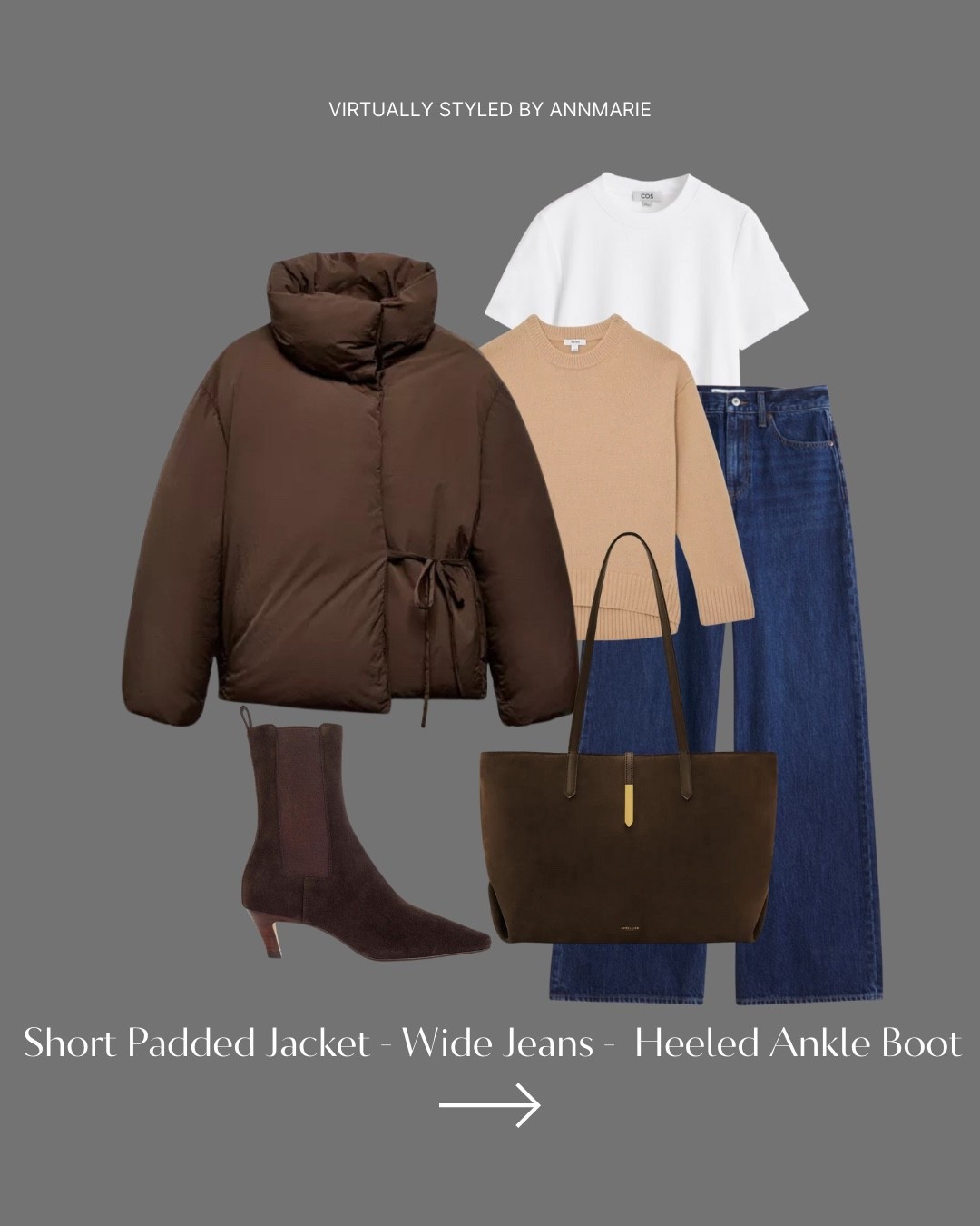 Winter Outfit of short padded jacket & wide jeans 