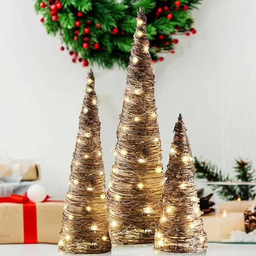 Leinuosen 3 Pcs Lighted Christmas Rattan Cone Trees（24"/18"/12" ） Christmas Tree Set Holiday Light Table Cones Tree Xmas Rattan Trees Tabletop Centerpiece for Christmas Party Indoor Home Decorations | Amazon (US)