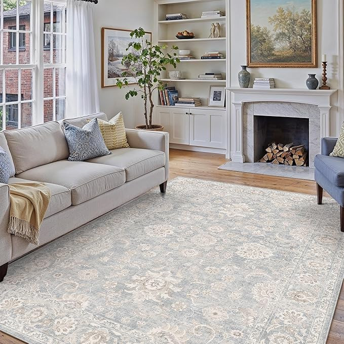 8x10 Blue Cream Washable Area Rug for Living Room Bedroom Neutral Floral Soft Non Slip Rug Low Pi... | Amazon (US)