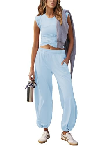 Outfeel Women 2 Piece Outfit Set Loungewear Cropped Tops and Jogger Sweatpant Matching Set Coordinated Sweatsuit with Pockets Blue Medium | Amazon (US)