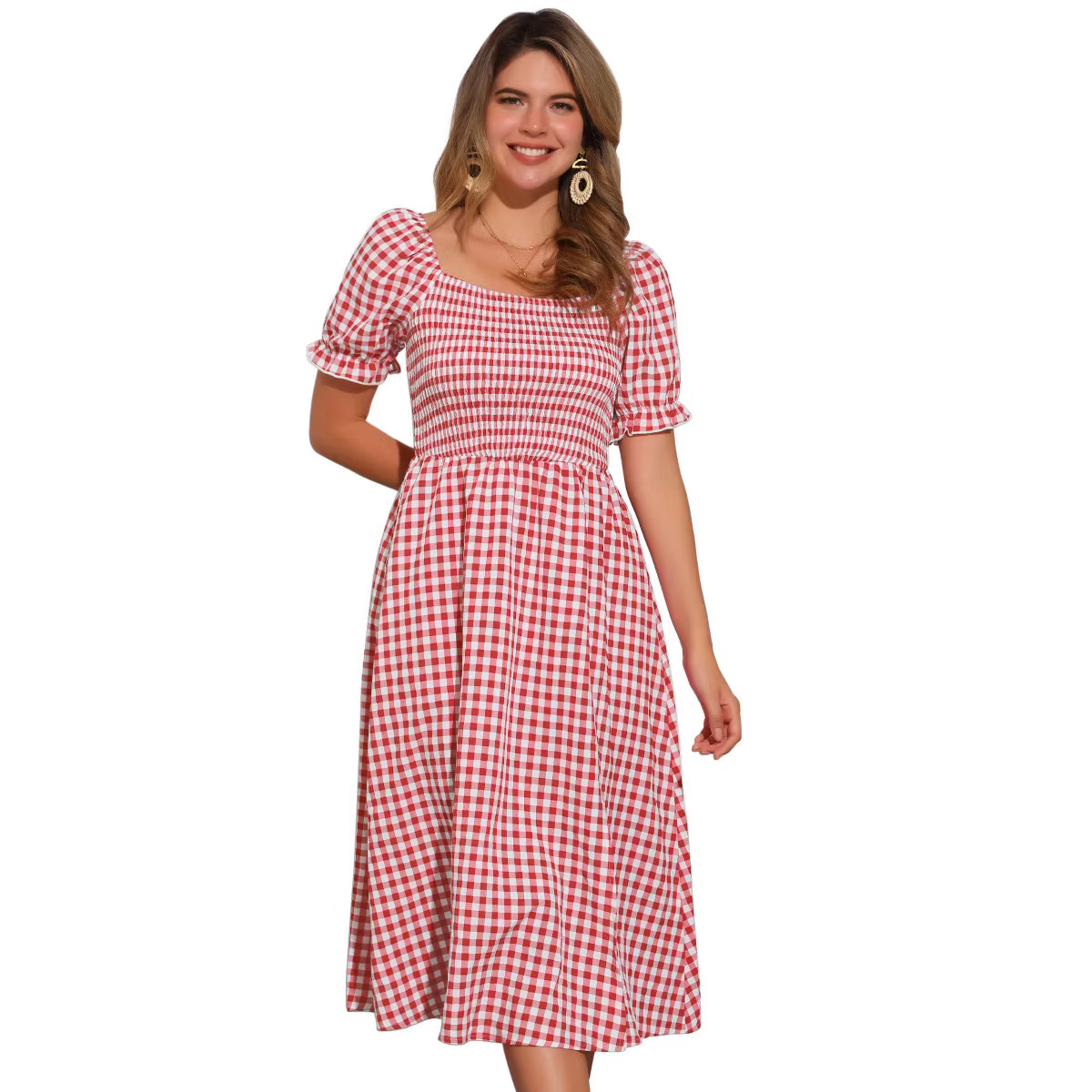 INSPIRE CHIC Women's Casual Smocked Front Tie Back Checks Gingham Midi Dresses | Target