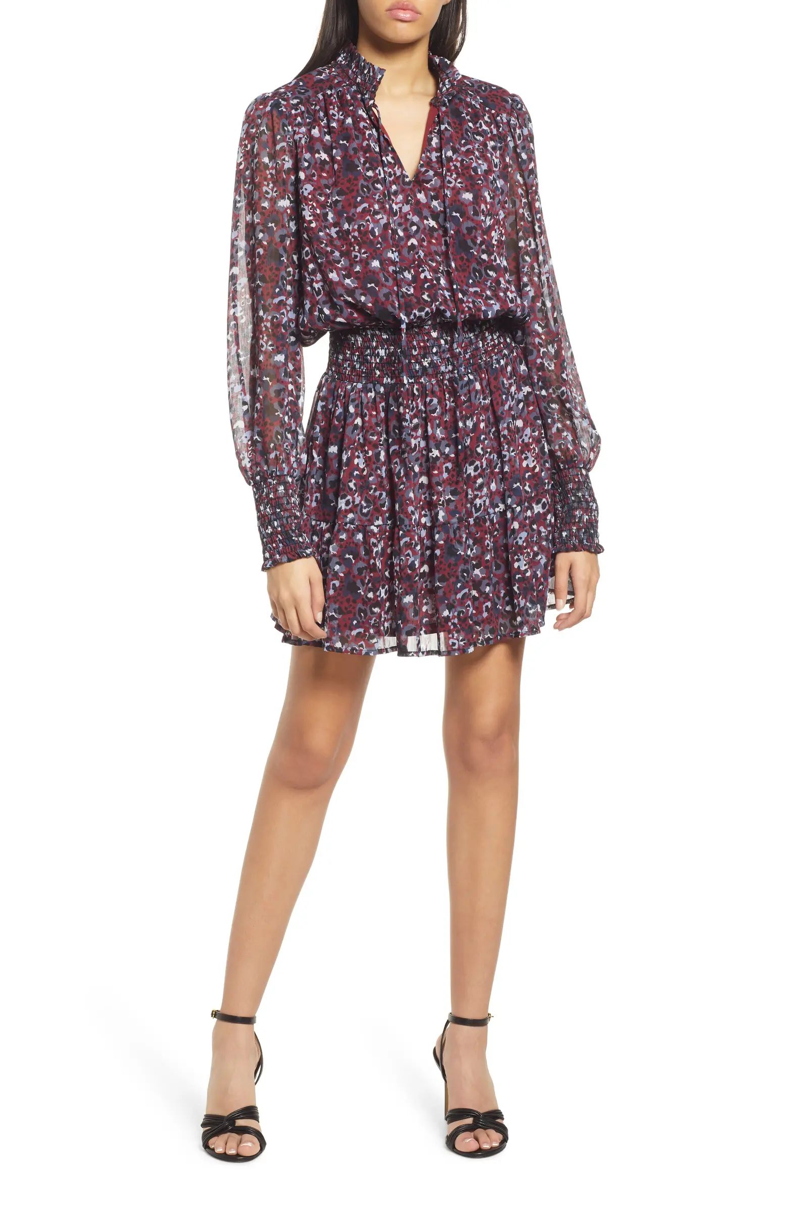 Abstract Animal Print Smocked Long Sleeve Chiffon Minidress | Nordstrom