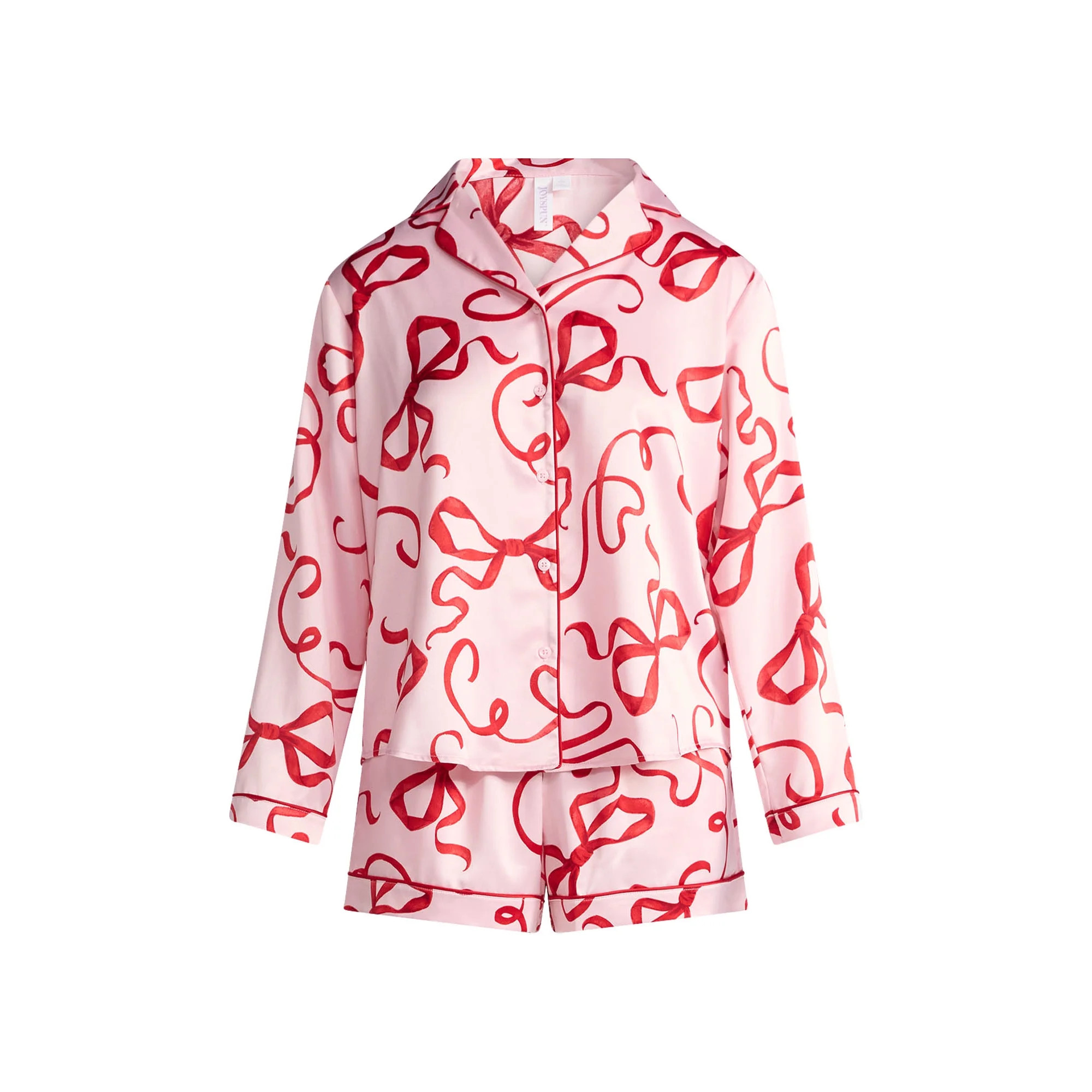 Joyspun Women’s Stretch Satin Notch Long Sleeve Top and Shorts Pajama Set, 2-Piece, Sizes XS-3X | Walmart (US)