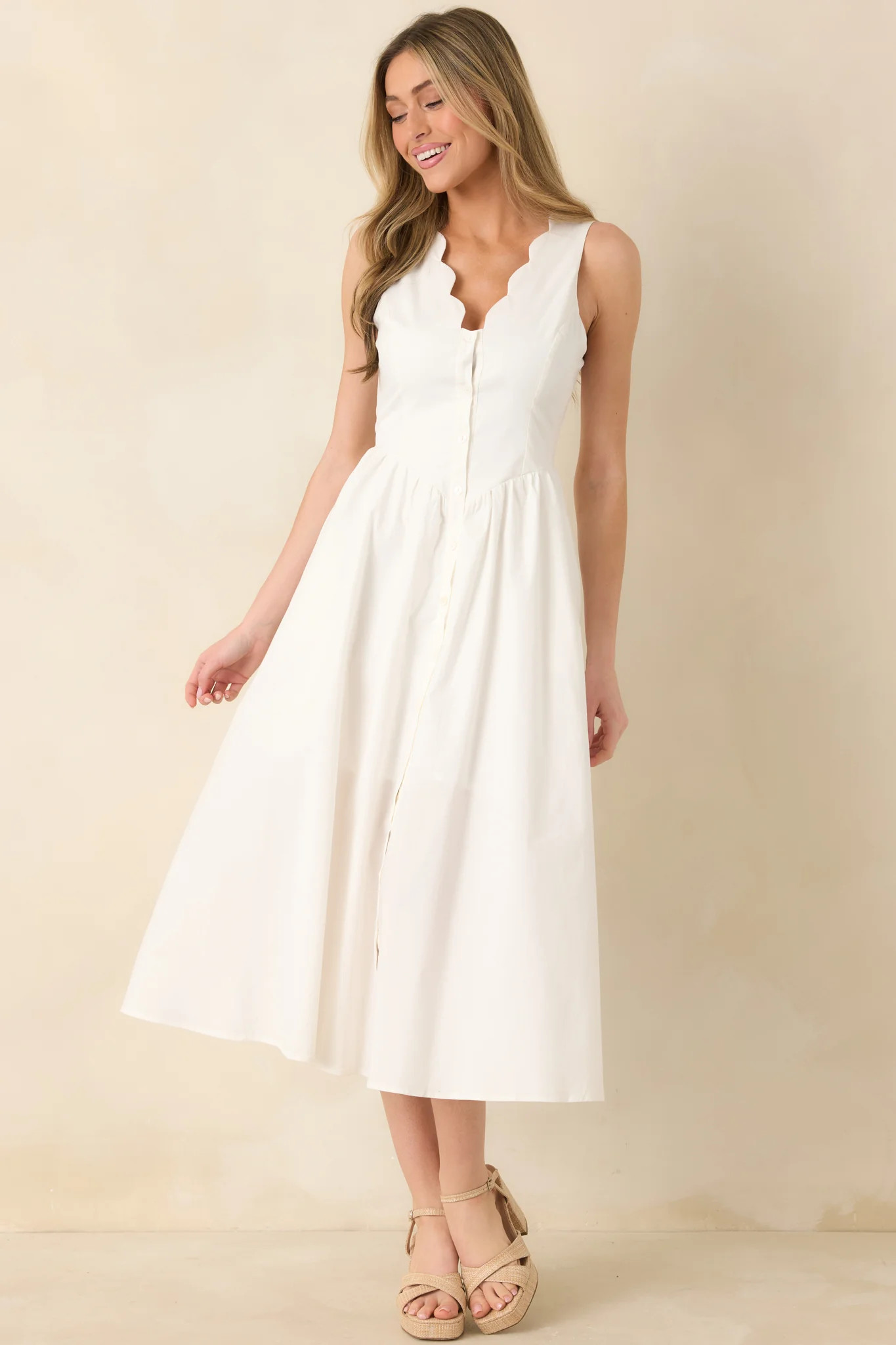 The High Life White Cotton Scalloped V-Neck Midi Dress | Red Dress