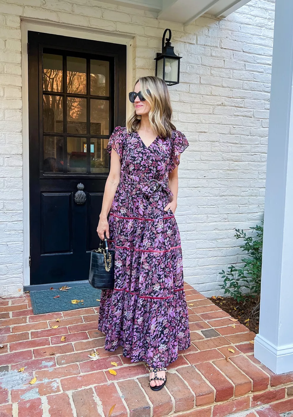 fall floral maxi dress, black bucket bag is J.Lowery #LTKstyletip #LTKSeasonal