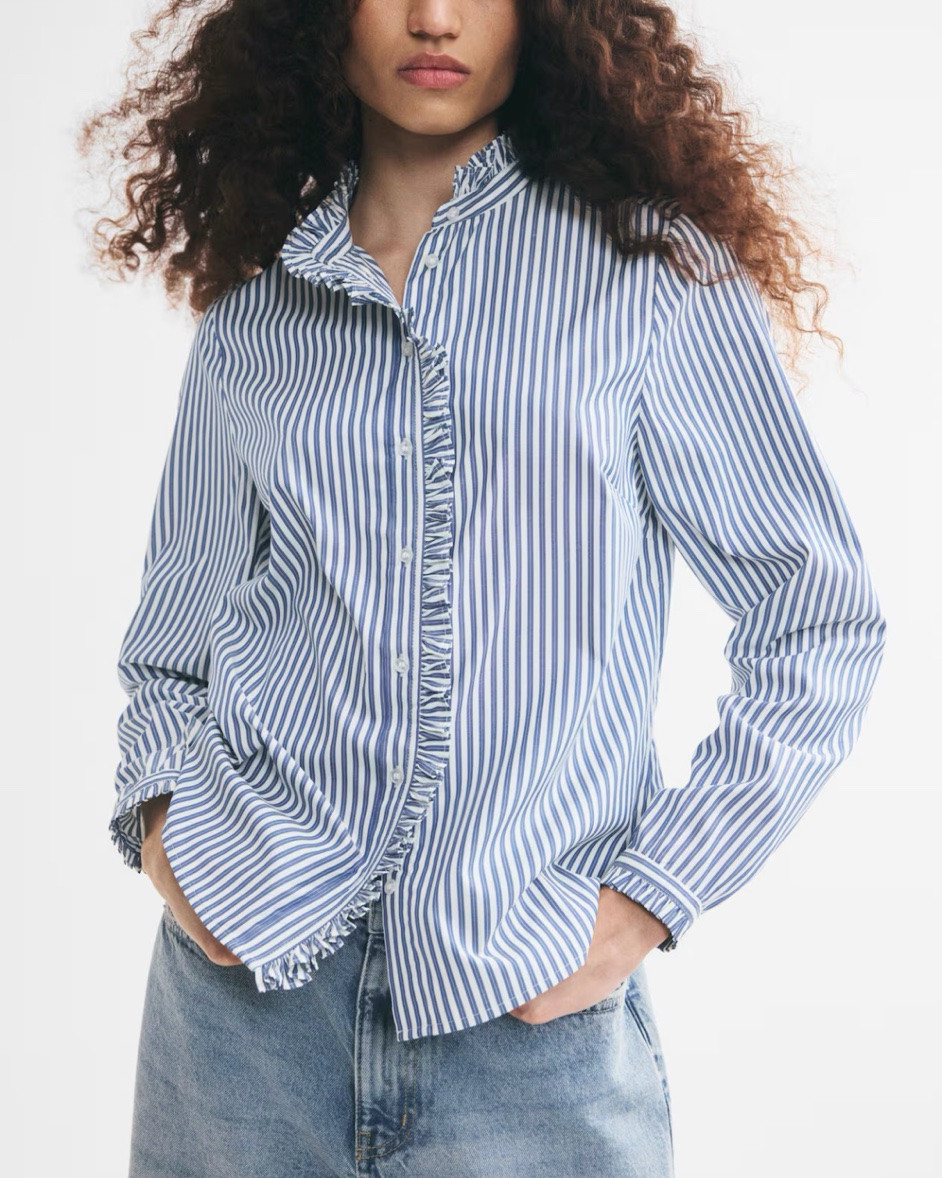 Ruffle detail blue and white stripe button up shirt

#LTKSeasonal