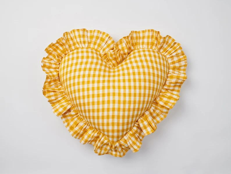 Custom Yellow Flax Linen Gingham Heart Cushion Ruffles - Etsy | Etsy (US)