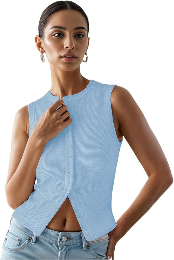 Women’s Button Down Tank Tops Ribbed Summer Vest Button Up Open Front Sleeveless Slim Fit Crop ... | Amazon (US)