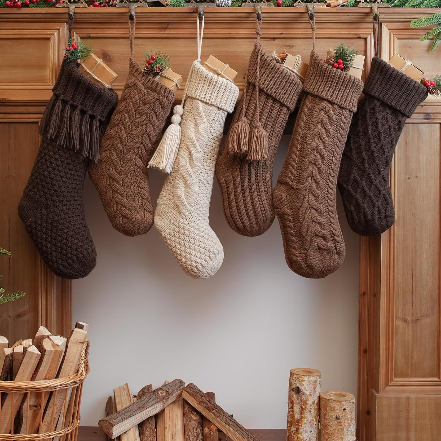 6 Pack Vintage Knit Christmas Stockings – White Beige Apricot Rustic Boho Farmhouse Cable Knitted Holiday Set | Amazon (US)