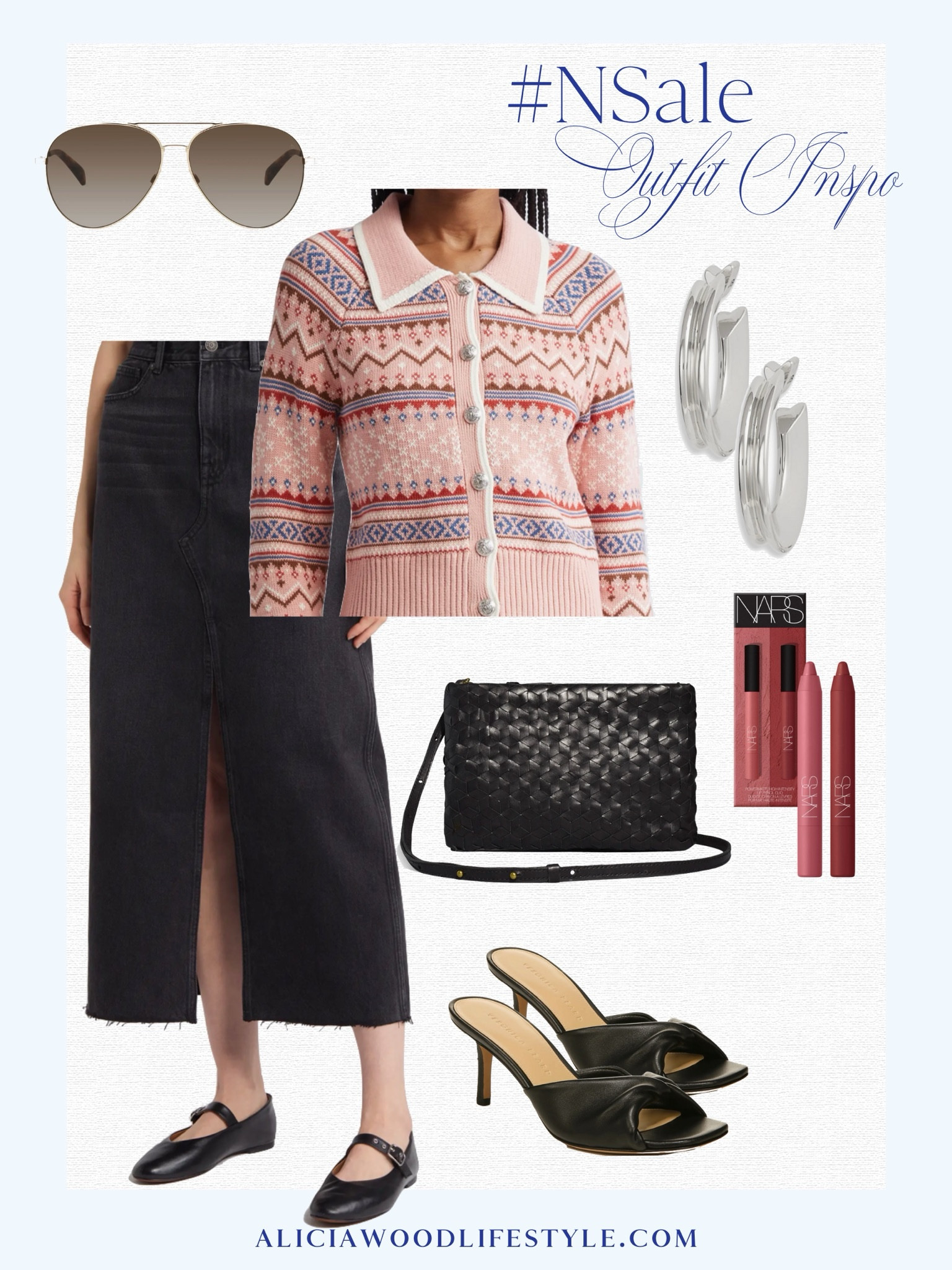 Black midi skirt with slit
Fair isle sweater
Black sandals
Black woven handbag
Rise lipstick 
Aviator sunglasses 
Silver hoop earrings 

#LTKSeasonal #LTKStyleTip #LTKOver40