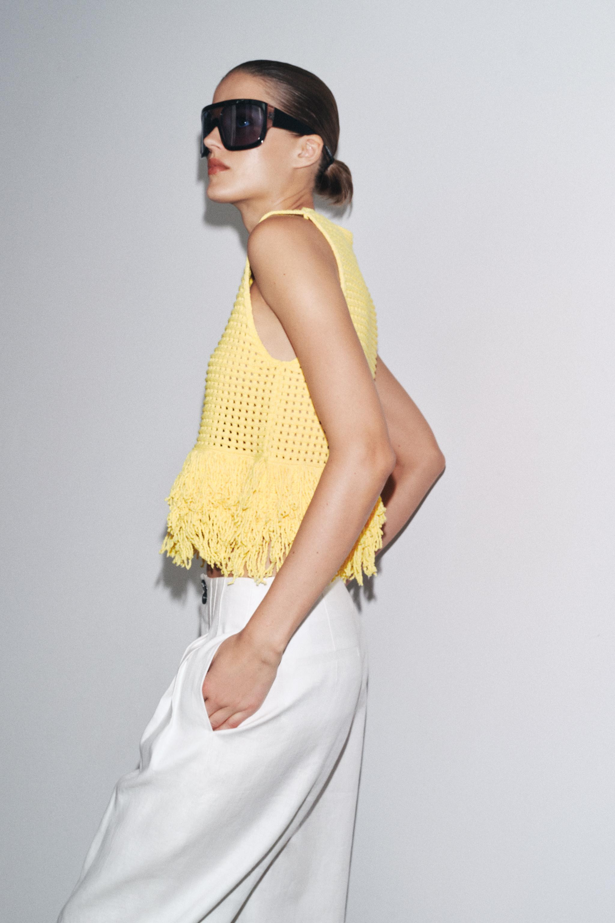 FRINGED CHECKERED KNIT TOP | Zara US