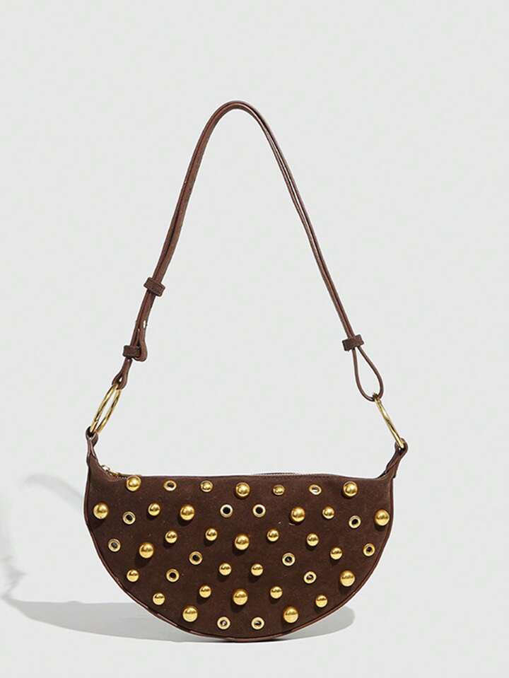 Brown Gold Studded Bag | SHEIN