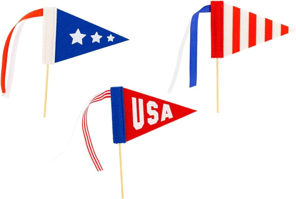 Patriotic Felt Pennant Flag Cake Toppers, USA Theme, 4.5 x 3 inches, Set of 3, Red White Blue | Amazon (US)