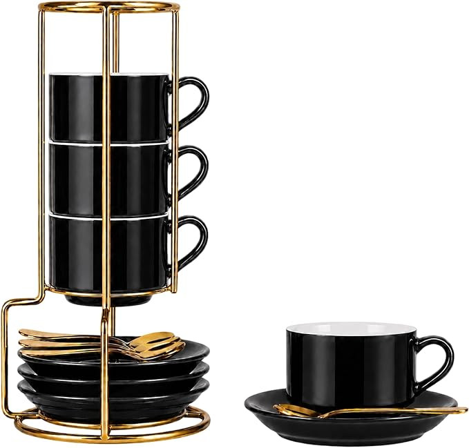 3 Ounce Espresso Cups Set of 4, Stackable Demitasse Mugs, Includes Display Stand, Cups Saucers, a... | Amazon (US)