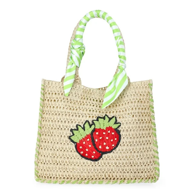 No Boundaries Women's Beach Icons Mini Straw Tote Bag, Natural with Strawberry Embroidery | Walmart (US)