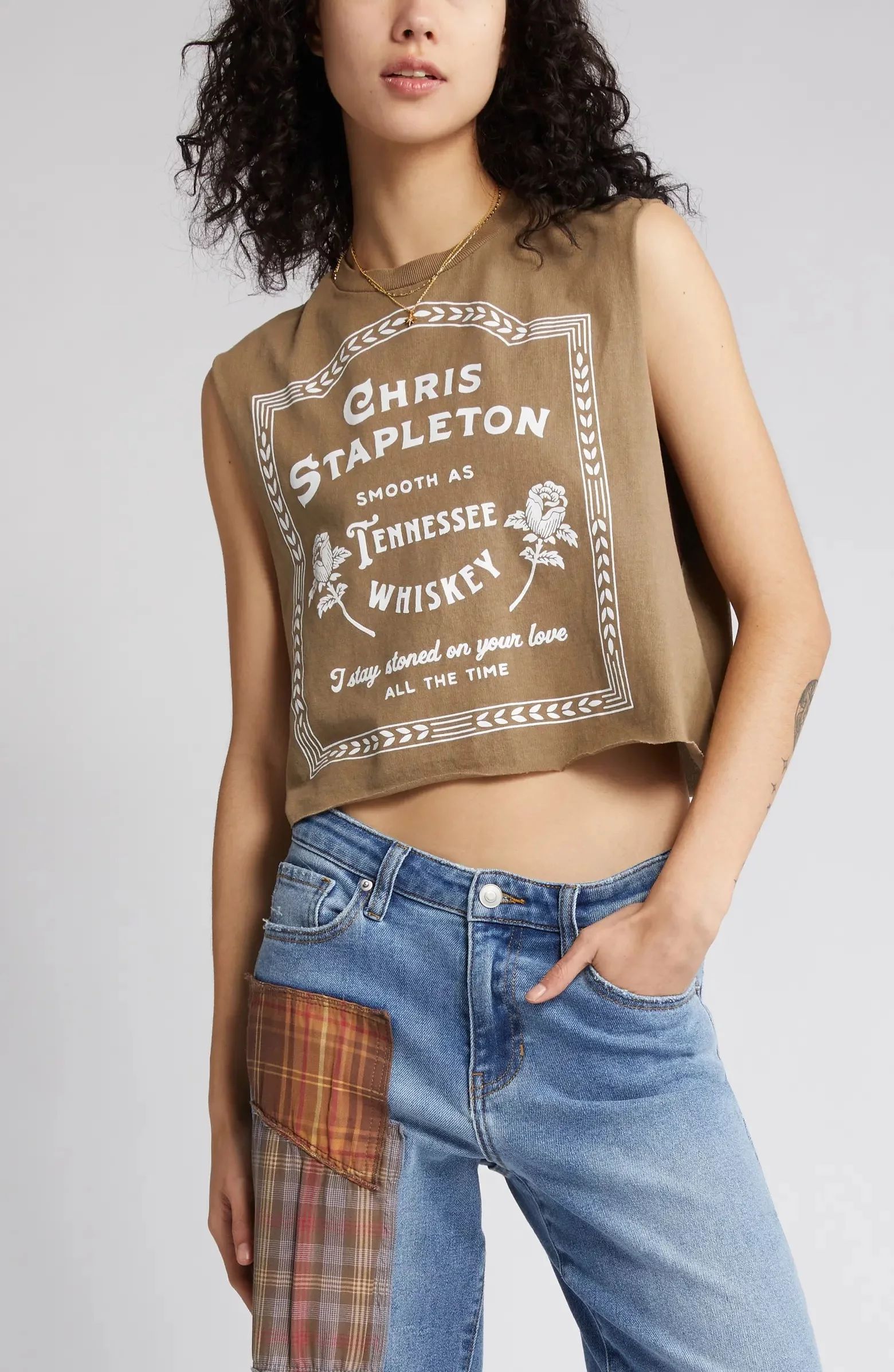 Chris Stapleton Women's Crop Raw Edge Sleeveless Graphic Tank Top Tee T-Shirt (X-Small, Brown Pig... | Walmart (US)
