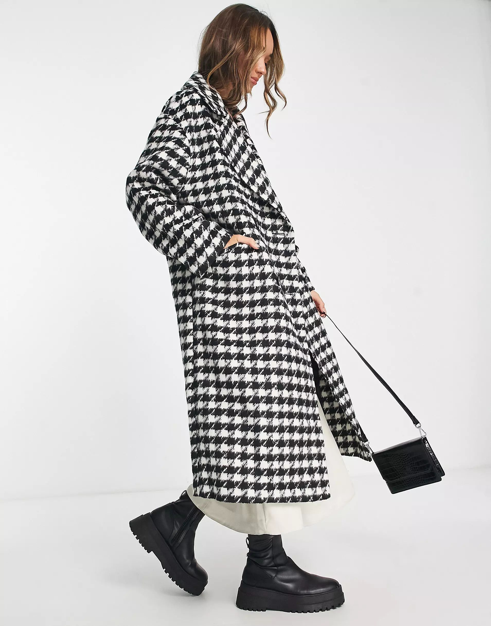 ASOS DESIGN chuck on houndstooth wool mix coat in black and white | ASOS (Global)