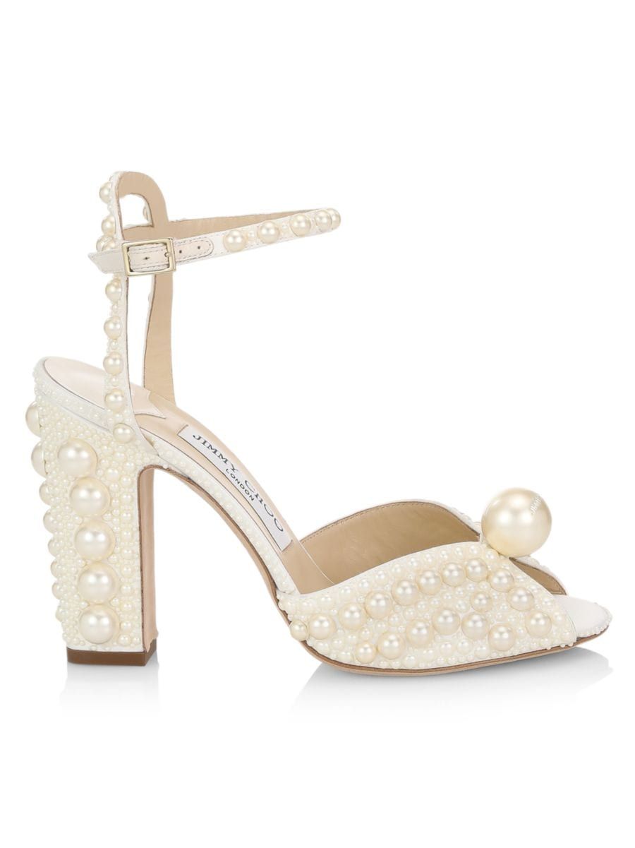 Jimmy Choo Sacaria 100 Faux Pearl-Embellished Satin Sandals | Saks Fifth Avenue