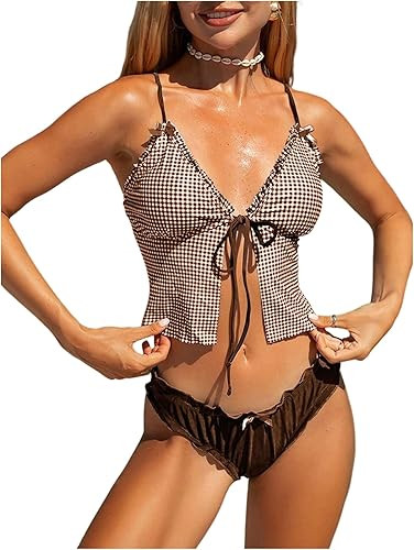 MakeMeChic Women's Gingham Tankini Sets Tie Front Ruffle Bikini Set High Cut Two Piece Swimsuit F... | Amazon (US)