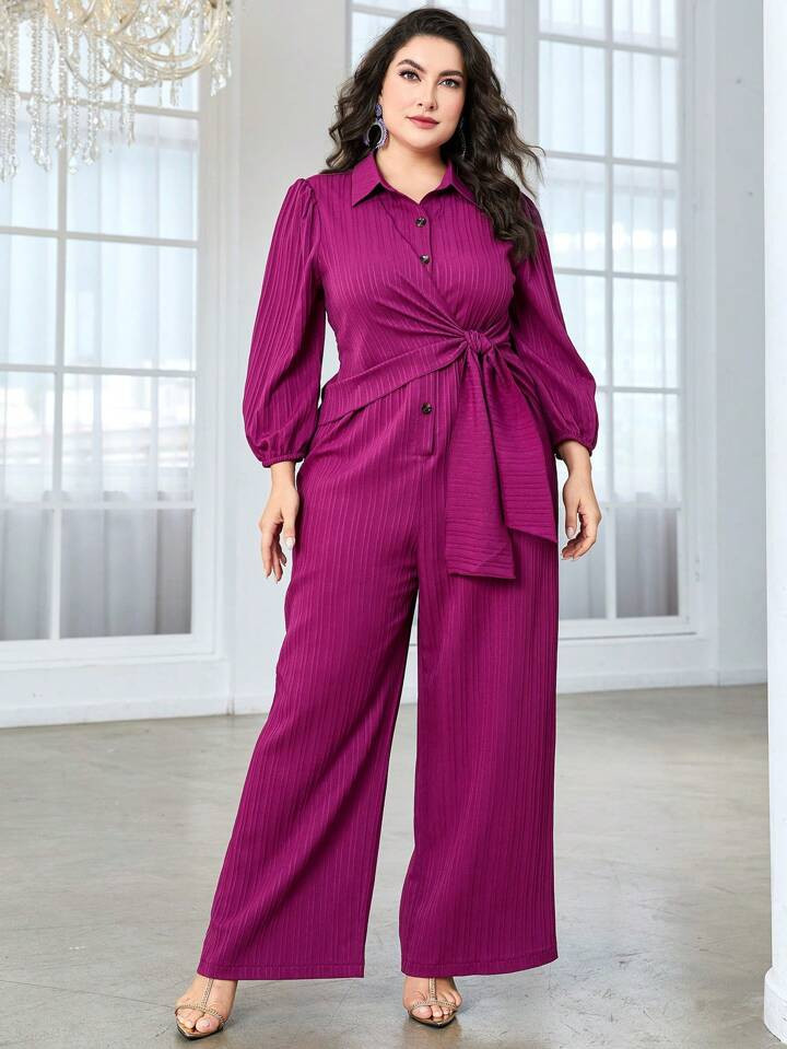 SHEIN Mulvari Plus Lantern Sleeve Knot Front Wide Leg Shirt Jumpsuit | SHEIN