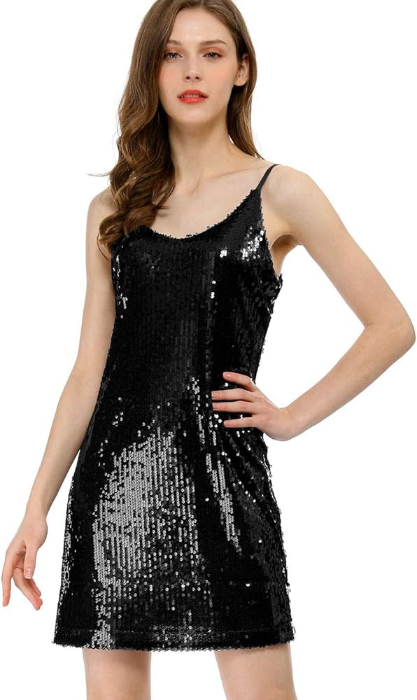 Allegra K Women's Halloween Glitter Sequin V Neck Spaghetti Strap Mini Party Dress Clubwear | Amazon (US)