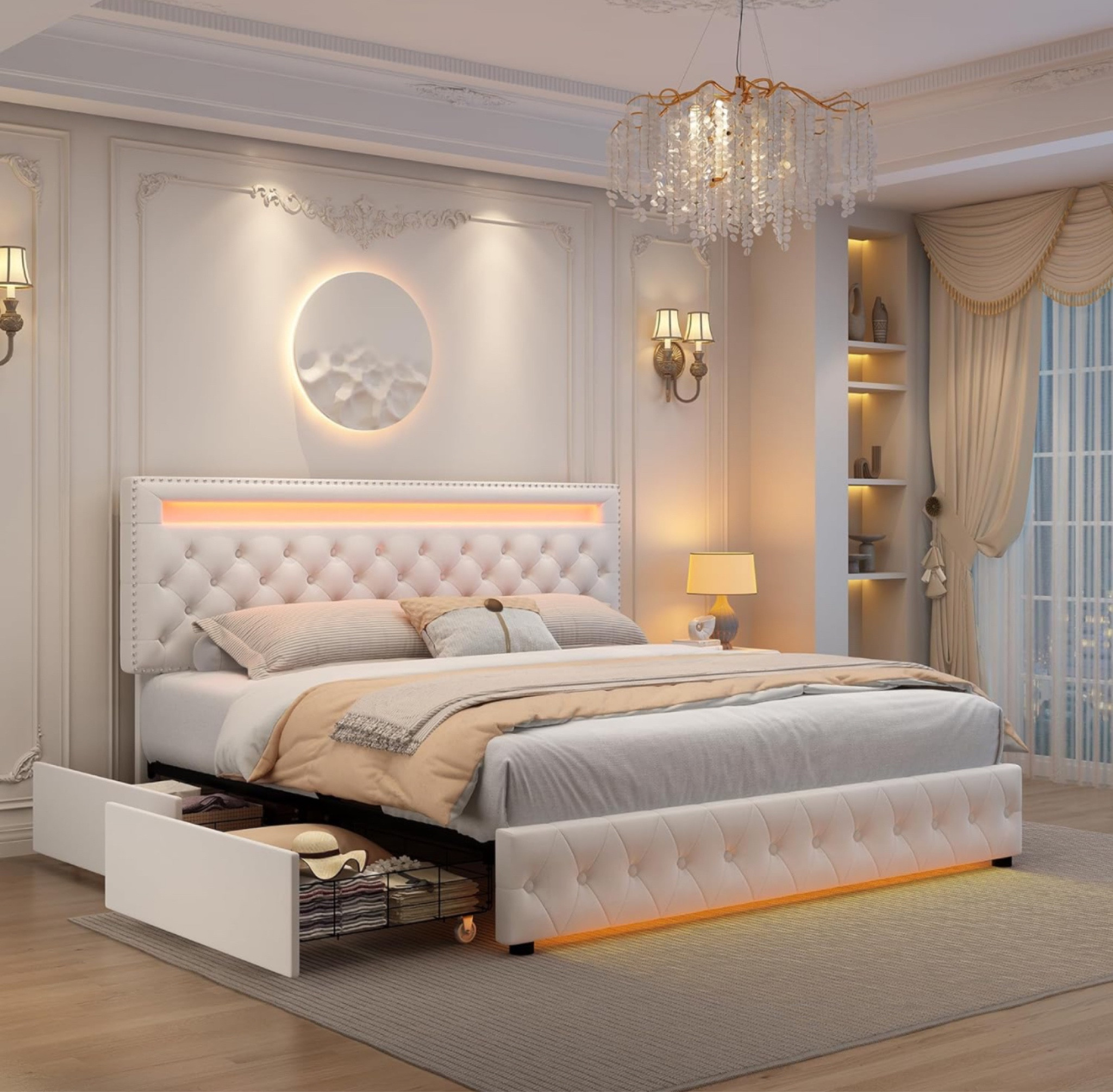 Bedroom King Led Bed Frame with 4 Storage Drawers, Smart Control RGBW LED Lights Headboard Footboard, Control DIY Color, Box Spring Optional, Velvet Off-White

#LTKhome