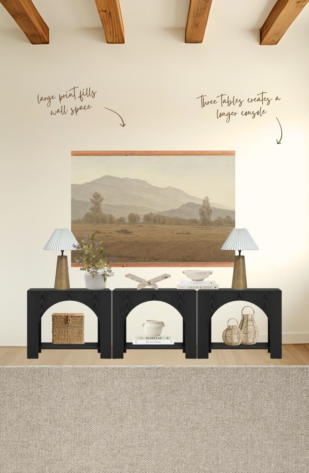 New long console table design! Add 3 together to create a longer table. This is a great way to fill a wall. I love the arched detail and the price! These large prints are perfect for filling a wall and creating an earthy vibe.

Always make sure you measure your space to make sure the items work for you!

Entryway, family room, console tables, large wall design, design help, interior design, home styling, home decor, boujie on a budget, interior designer 

#LTKHome #LTKSaleAlert