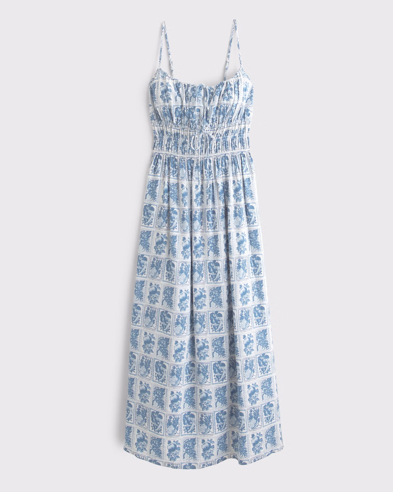 Abercrombie & Fitch Women's Smocked Tie-Front Maxi Dress in Blue Pattern - Size XXL TALL | Abercrombie & Fitch (US)