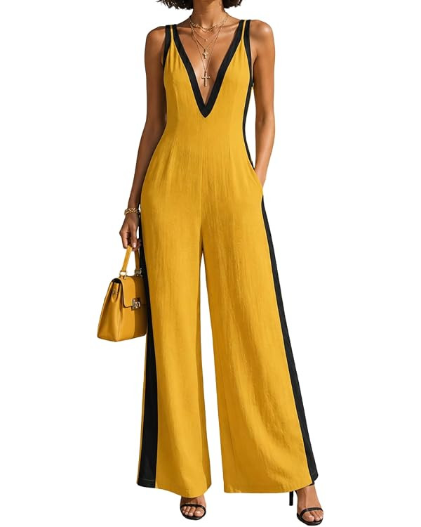 Womens Wide Leg Jumpsuit Sleeveless Deep V Neck Zip Up Romper with Pockets Dressy Summer Beach Va... | Amazon (US)